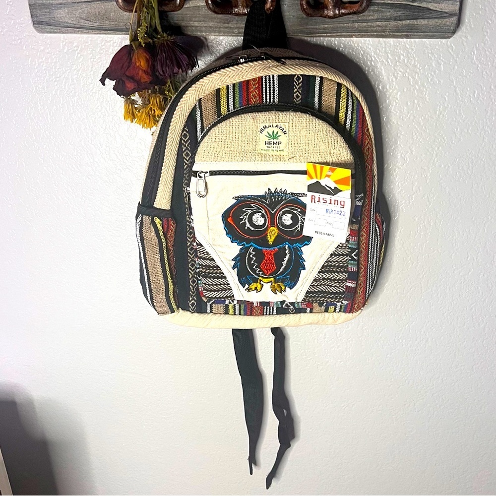 Rising Intl•Himalayan Hempz small backpack with owl design. 💯 hemp 💯 Nepalese